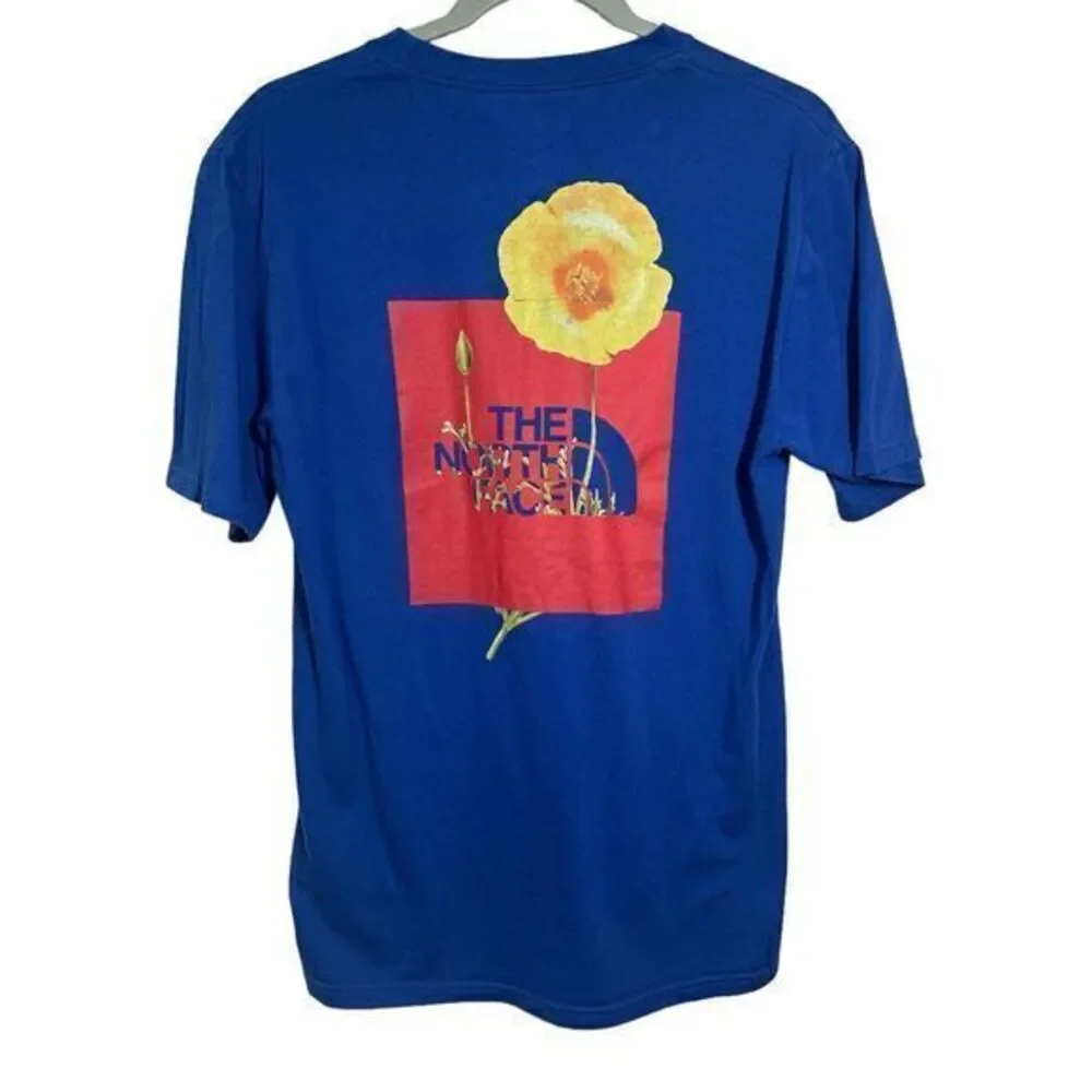 The North Face Shirt Adult Mens Small Blue Spell Out Floral Logo Short Sleeve‎